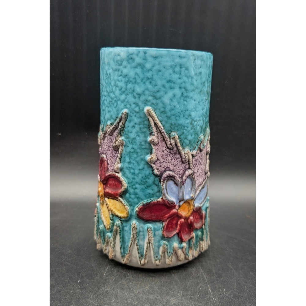 Fratelli Fanciullacci Italian Art Pottery Vase Turquoise Floral Relief 1740/W45
